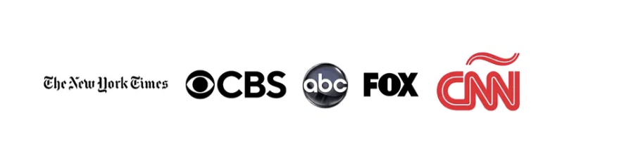 Logos de medios destacados: The New York Times, CBS, ABC, FOX y CNN